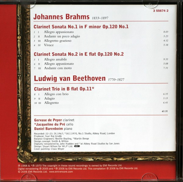 descargar álbum Brahms Beethoven Gervase de Peyer, Jacqueline Du Pré, Daniel Barenboim - Clarinet Sonatas 1 2 Clarinet Trio