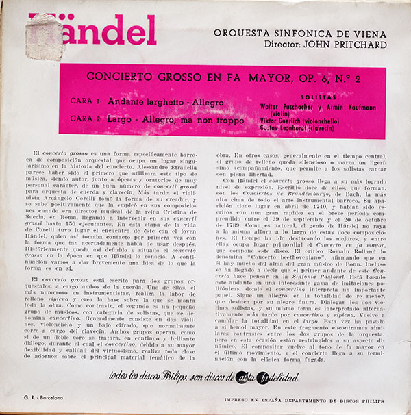 ladda ner album Handel Orquesta Sinfónica De Viena, John Pritchard - Concierto Grosso En Fa Mayor Op 6 Nº 2