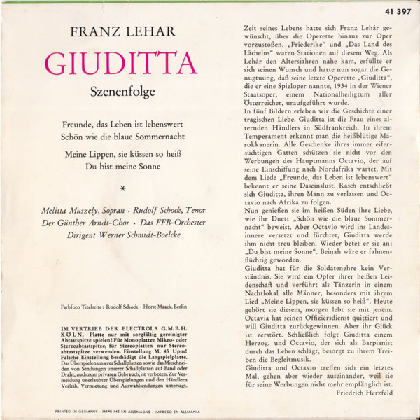 descargar álbum Rudolf Schock, Melitta Muszely Franz Lehár - Giuditta Szenenfolge
