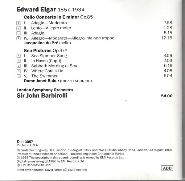 ladda ner album Elgar Jacqueline du Pré Dame Janet Baker Sir John Barbirolli London Symphony Orchestra - Cello Concerto Sea Pictures