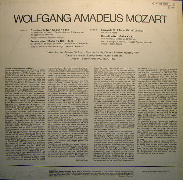 last ned album Mozart, Camerata Academica Des Mozarteums, Salzburg, Paumgartner - Divertimento Nr 1 Es dur KV 113 Serenade Nr 1 D dur KV 100 Cassation Nr 1 G dur KV 63