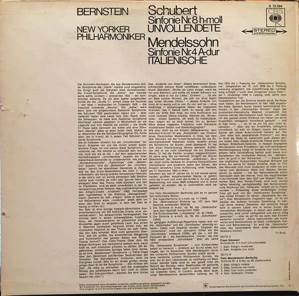 baixar álbum Franz Schubert, Mendelssohn Leonard Bernstein, New Yorker Philharmoniker - Sinfonie Nr 8 H Moll Unvollendete Sinfonie Nr 4 A Dur Italienische