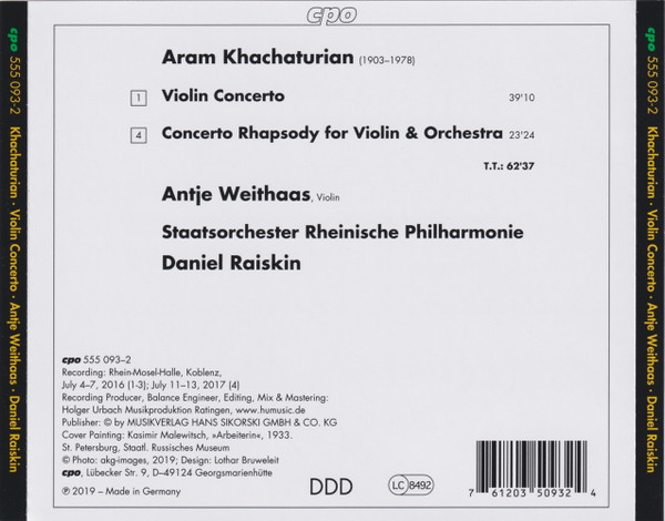 Album herunterladen Aram Khachaturian, Antje Weithaas, Staatsorchester Rheinische Philharmonie, Daniel Raiskin - Violin Concerto Concerto Rhapsody