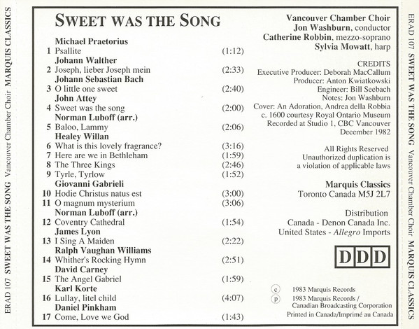 last ned album Vancouver Chamber Choir, Catherine Robbin, Jon Washburn - Sweet Was The Song