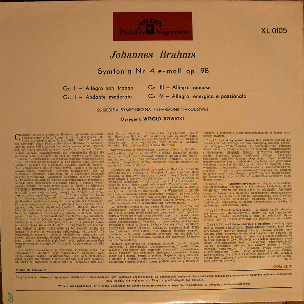 télécharger l'album Joh Brahms, Filharmonia Narodowa, Witold Rowicki - IV Symfonia