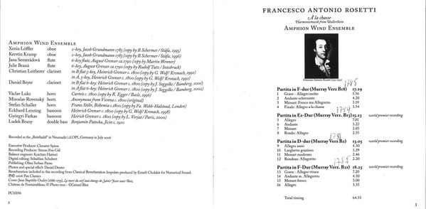 télécharger l'album Francesco Antonio Rosetti Amphion Wind Ensemble - À La Chasse Harmoniemusik From Wallerstein