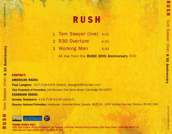 Rush – Tom Sawyer (Live) R30 Anniversary (2005, CD) - Discogs