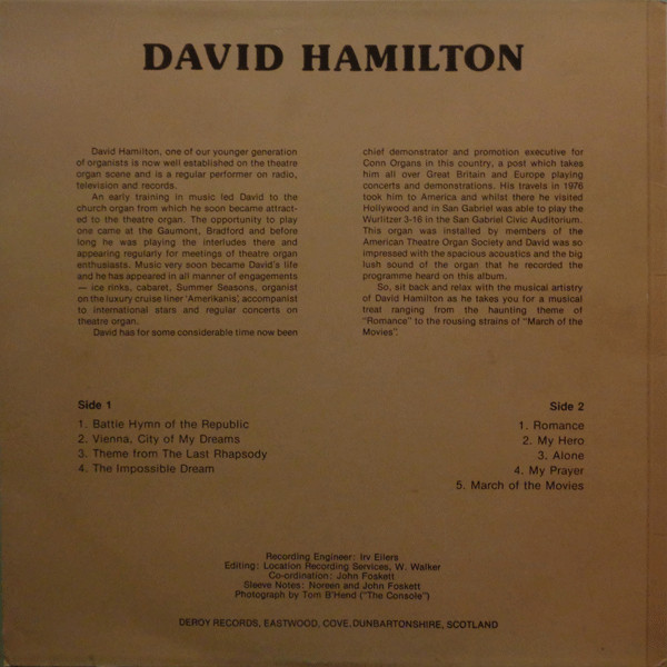 télécharger l'album David Hamilton - At The Wurlitzer Organ In The Civic Auditorium San Gabriel Hollywood USA