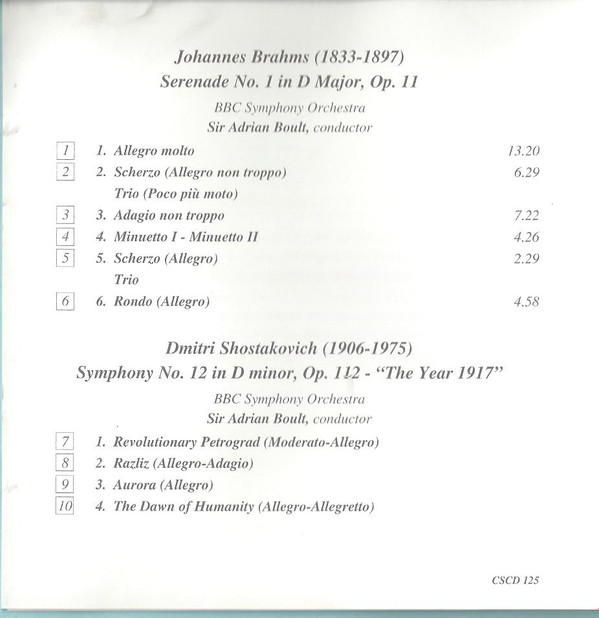 last ned album Johannes Brahms Dmitri Shostakovich Sir Adrian Boult - Serenade No 1 In D Major Op 11 Symphony No 12 In D Minor Op 112 The Year 1917