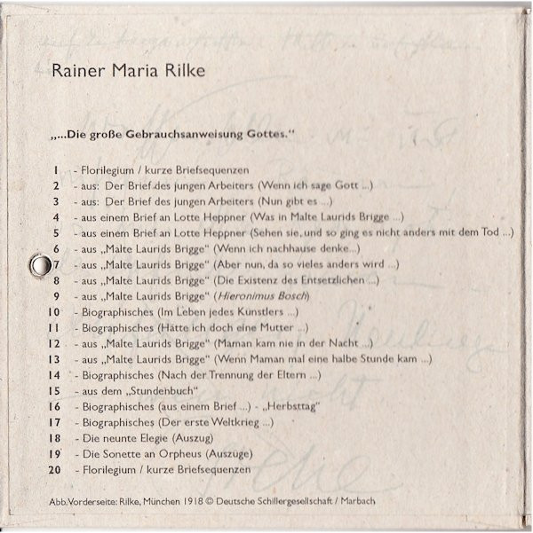 ladda ner album Rainer Maria Rilke , Sprecher Axel Grube - Die Große Gebrauchsanweisung Gottes Auszüge Aus Briefen Und Dem Werk