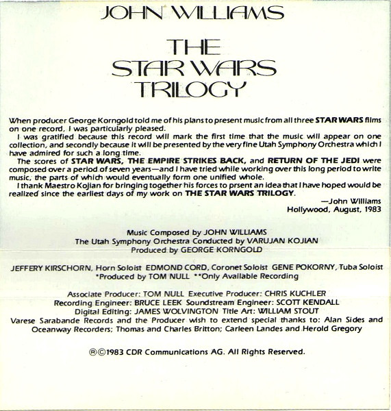 John Williams / Utah Symphony Orchestra Conducted by Varujan Kojian - The Star Wars Trilogy (From The Original Motion Picture Scores) | Varèse Sarabande (VSC-704.210) - 5