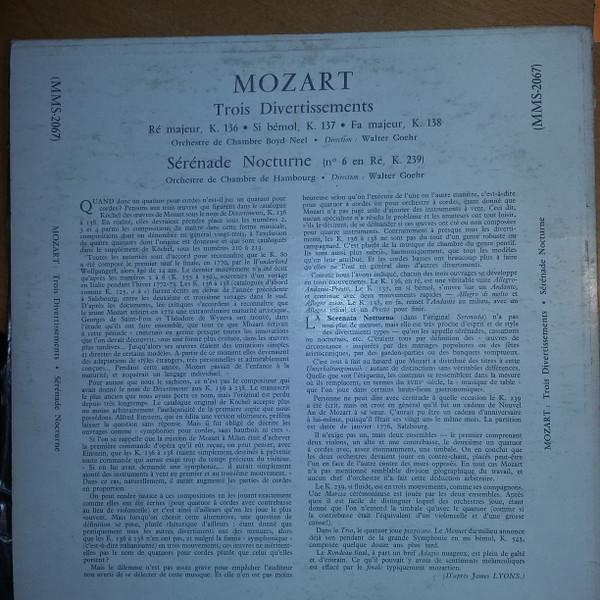 baixar álbum Mozart, L'Orchestre De Chambre Boyd Neel, L'Orchestre De Chambre De Hambourg, Walter Goehr - Sérénades De Salzbourg Trois Divertissements K136 K137 K138 Serenade Nocturne K239