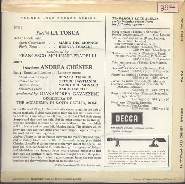 baixar álbum Puccini Giordano Tebaldi, Del Monaco - La Tosca Andrea Chénier Love Scenes