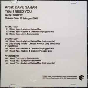 Dave Gahan - I Need You album cover