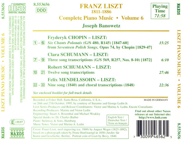 ladda ner album Liszt, Joseph Banowetz - Complete Song Transcriptions Of Chopin Mendelssohn Robert And Clara Schumann