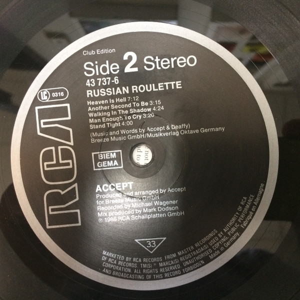 ACCEPT Russian Roulette German Heavy/Speed Metal 12 LP Vinyl Album Cover  Gallery & Information #vinylrecords