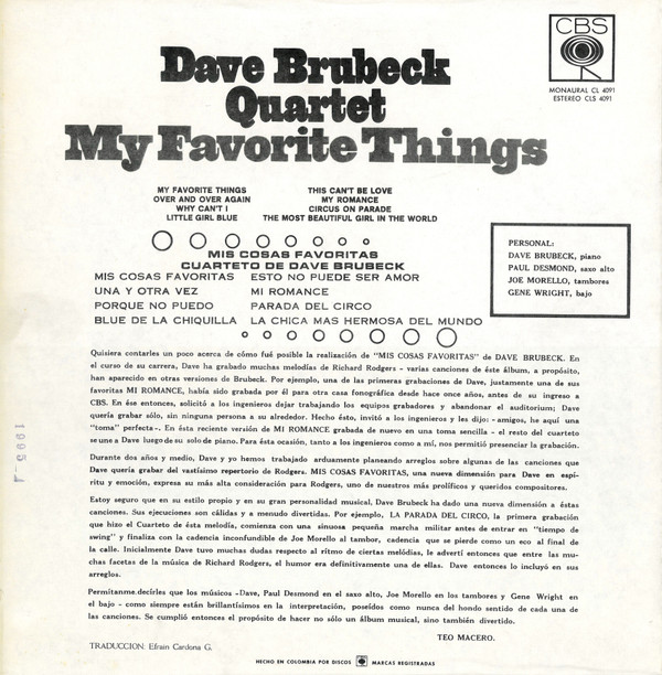 télécharger l'album Dave Brubeck Quartet - My Favorite Things Mis Cosas Favoritas