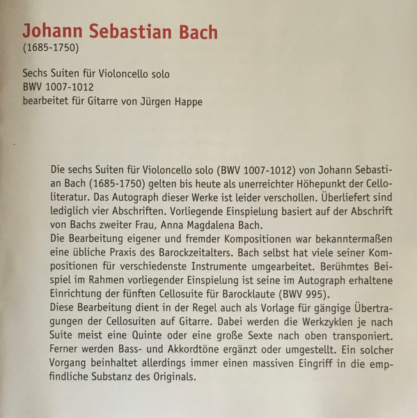 ladda ner album Jürgen Happe, J S Bach - Sechs Suiten Für Violoncello Solo BWV 1007 1012