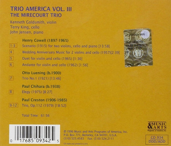 télécharger l'album Henry Cowell, The Mirecourt Trio, Otto Luening, Paul Chihara, Paul Creston - Trio America Vol III 3