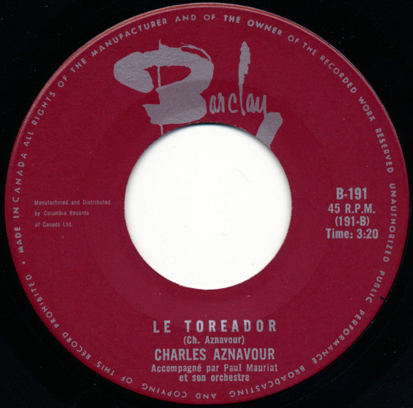 Charles Aznavour - Je Te Rechaufferai / Le Toreador | Barclay (B-191) - 2