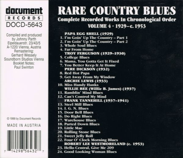 ladda ner album Various - Rare Country Blues Complete Recorded Works In Chronological Order Volume 4 1929 C 1953