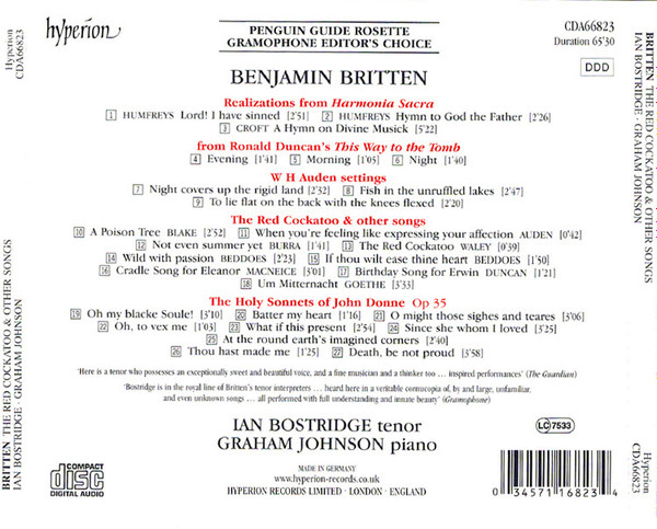 Album herunterladen Benjamin Britten Ian Bostridge, Graham Johnson - The Red Cockatoo The Holy Sonnets Of John Donne And Other Songs