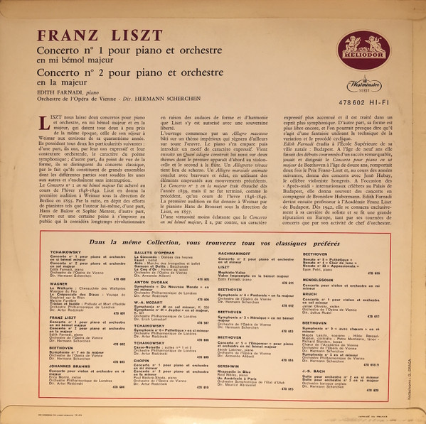 descargar álbum Franz Liszt, Edith Farnadi, Hermann Scherchen - Concertos Pour Piano Et Orchestre N 1 En Mi Bemol N 2 En La Majeur