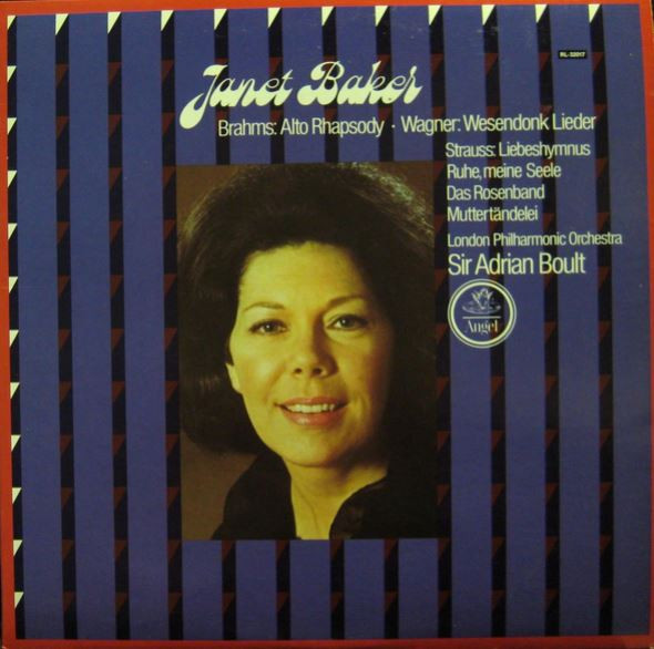 last ned album Janet Baker, London Philharmonic Orchestra, Sir Adrian Boult - Brahms Alt Rhapsodie Wagner Wesendonk Lieder Strauss Liebeshymnus Ruhe Meine Seele Das Rosenband Muttertändelei