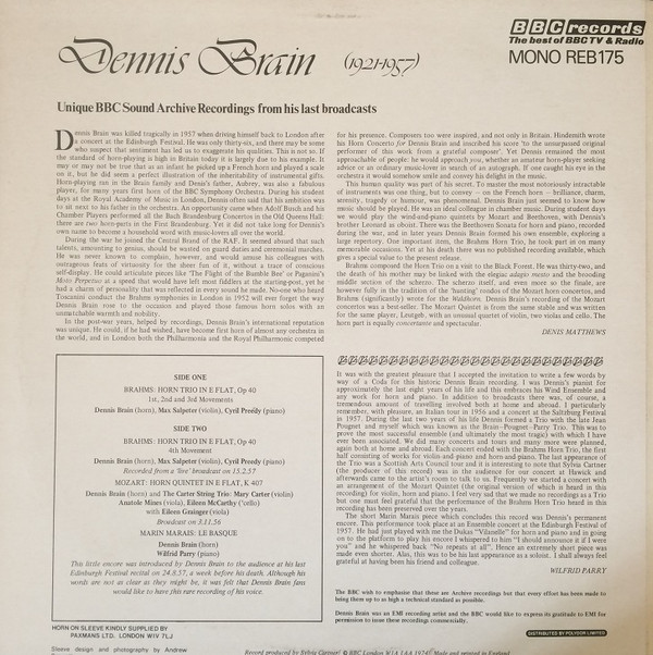 télécharger l'album Dennis Brain, Mozart, Brahms, Marin Marais - Unique BBC Sound Archive Recordings From His Last Broadcasts