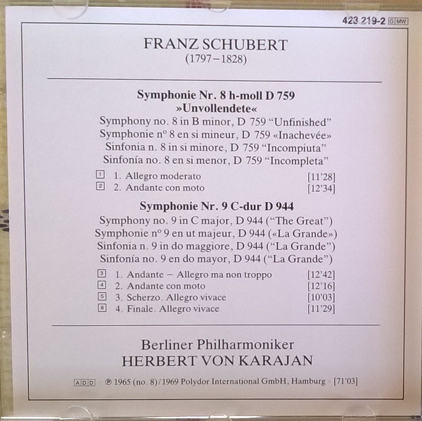 Album herunterladen Franz Schubert Karajan, Berliner Philharmoniker - Symphonie Nr 8 Unvollendete Symphonie Nr 9 C dur