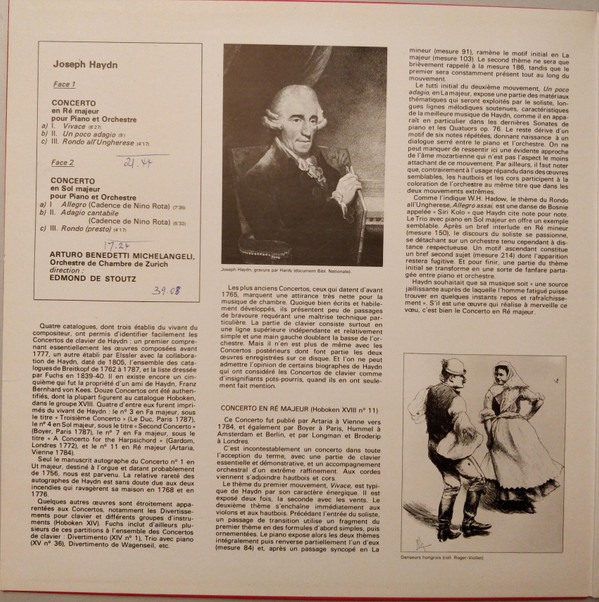 last ned album Haydn Arturo Benedetti Michelangeli, Orchestre de Chambre de Zurich, Edmond De Stoutz - Haydn Concertos En Re En Sol