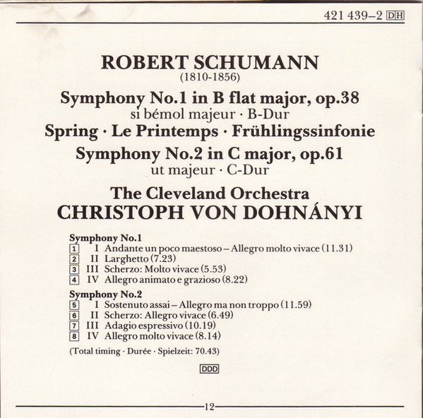 télécharger l'album Schumann, The Cleveland Orchestra, Christoph von Dohnányi - Symphonies 1 2