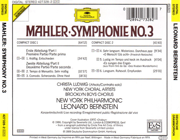 ladda ner album Mahler, New York Choral Artists, Brooklyn Boys Chorus, Christa Ludwig, New York Philharmonic, Leonard Bernstein - Symphonie No3