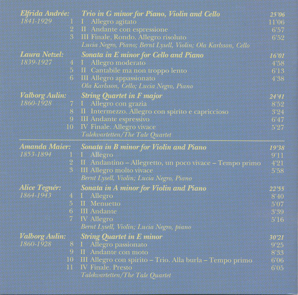 ladda ner album Elfrida Andrée, Valborg Aulin, Amanda Maier, Laura Netzel, Alice Tegnér, Talekvartetten, Bernt Lysell, Ola Karlsson, Lucia Negro - Kammarmusik Chamber Music