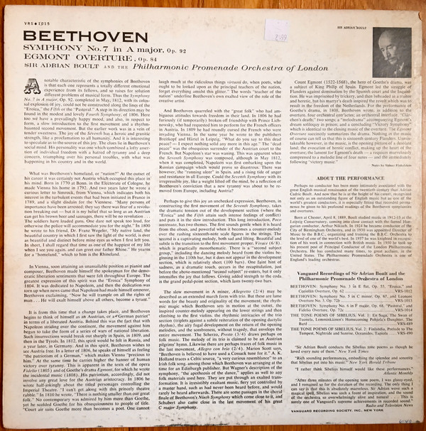 lataa albumi Beethoven, Sir Adrian Boult, The Philharmonic Promenade Orchestra Of London - Symphony No 7 In A Major Op 92 Egmont Overture Op 84