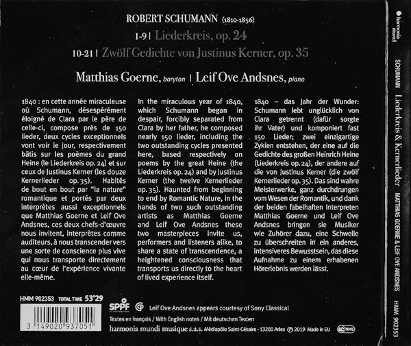 descargar álbum Robert Schumann, Matthias Goerne, Leif Ove Andsnes - Liederkreis Op 24 Kernerlieder