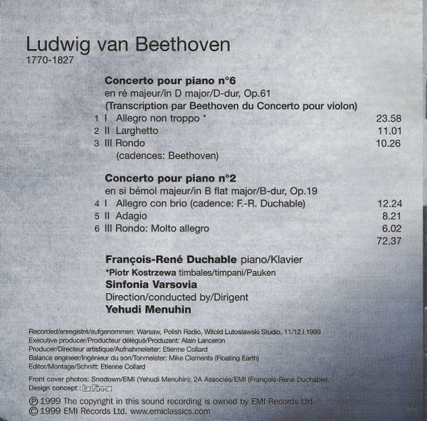 Album herunterladen Beethoven FrançoisRené Duchable, Sinfonia Varsovia, Yehudi Menuhin - Concertos Pour Piano 2 6 Piano Concertos Klavierkonzerte