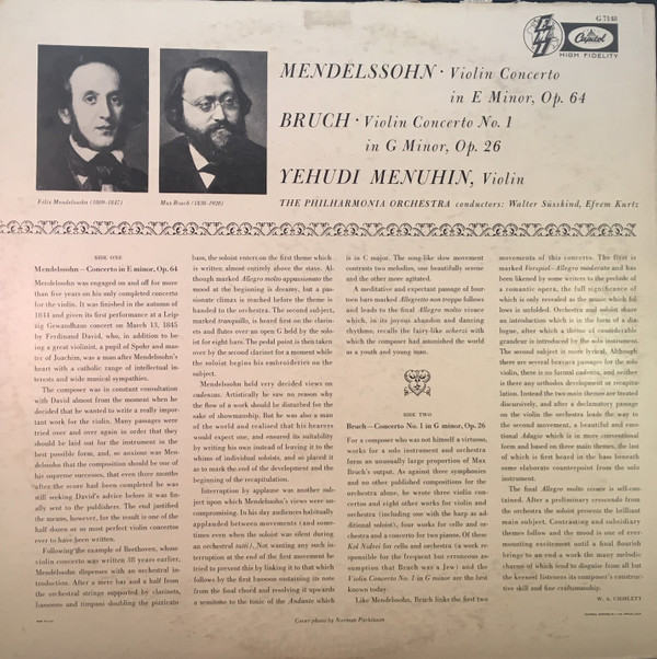 ladda ner album Mendelssohn Bruch, Yehudi Menuhin, The Philharmonia Orchestra, Walter Susskind Efrem Kurtz - Concerto In E Minor Op 64 Concerto No 1 In G Minor Op 26