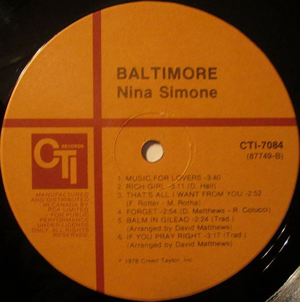 Nina Simone – Baltimore (1988, Vinyl) - Discogs