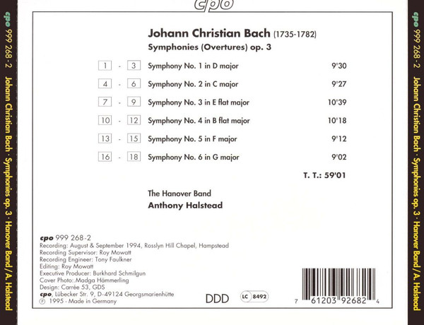 baixar álbum Johann Christian Bach The Hanover Band, Anthony Halstead - Symphonies Op 3 Nos 1 6