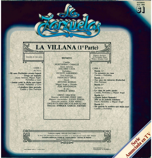 descargar álbum Federico Romero, Guillermo Fernández Shaw, Amadeo Vives Montserrat Caballé, Dolores Cava, Vicente Sardinero, Francisco Ortiz , Orquesta Sinfónica de Barcelona, Antonio Borras, José Manzaneda, Enrique Serra - La Villana 1ª Parte