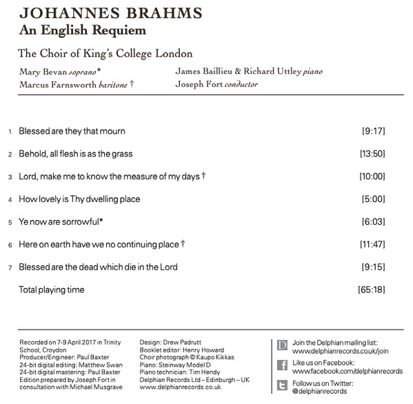 last ned album Johannes Brahms, Mary Bevan, Marcus Farnsworth, James Baillieu & Richard Uttley, The Choir Of King's College London, Joseph Fort - An English Requiem