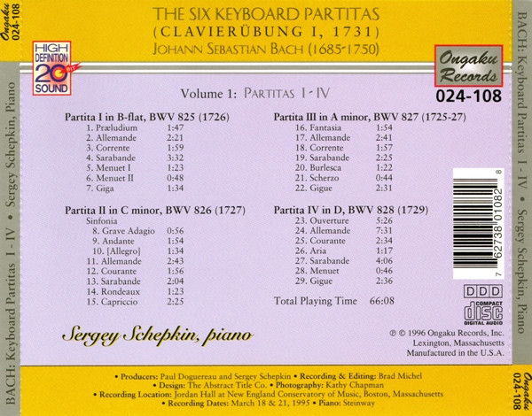 lataa albumi Johann Sebastian Bach Sergey Schepkin - The Six Keyboard Partitas Volume 1 Partitas I IV