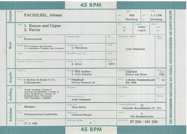 last ned album Johann Pachelbel - Kanon Und Gigue D dur Für 3 Violinen Und Continuo Partia Für 2 Skordierte Violinen Und Continuo Nr 2 C moll