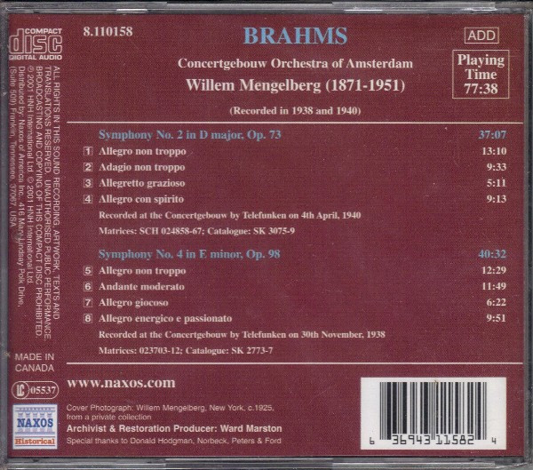 baixar álbum Brahms, Concertgebouw Orchestra Of Amsterdam, Mengelberg - Symphony No 2 And Symphony No 4
