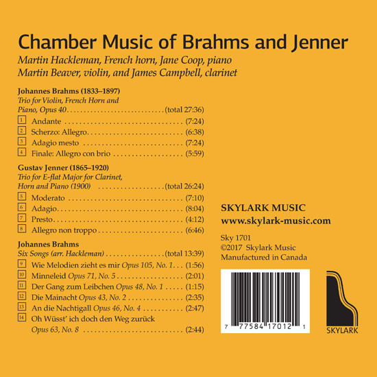 baixar álbum Brahms, Jenner, Martin Hackleman, Jane Coop, Martin Beaver, James Campbell - Chamber Music Of Brahms And Jenner