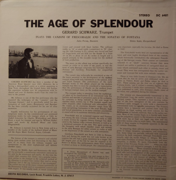 lataa albumi Girolamo Frescobaldi, Giovanni Battista Fontana, Gerard Schwarz - The Age Of Splendour