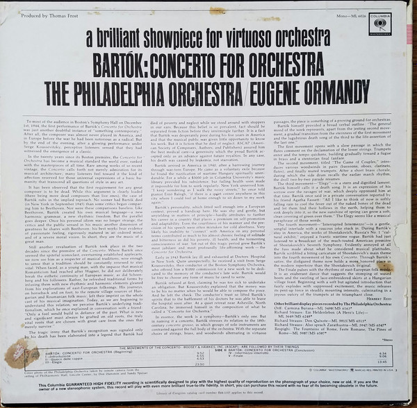 last ned album Bartók The Philadelphia Orchestra, Eugene Ormandy - Concerto For Orchestra A Brilliant Showpiece For Virtuoso Orchestra