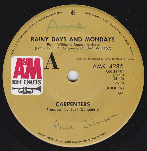 Carpenters - Rainy Days and Mondays - 45 rpm Vinyl Record A&M Pic Sleeve