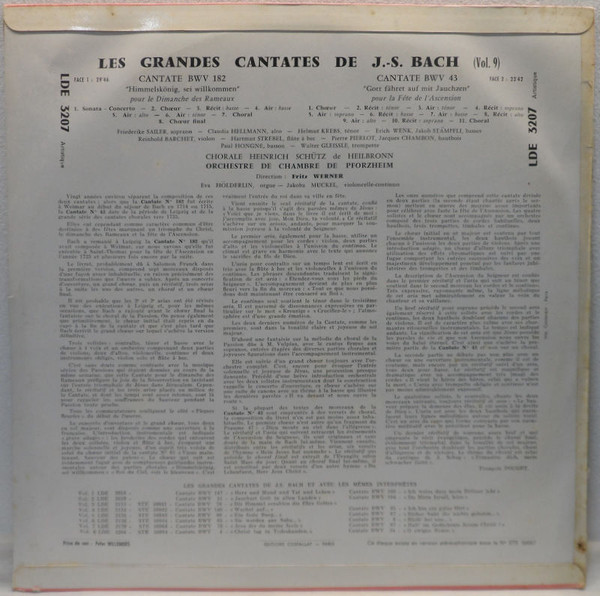 last ned album JS Bach Friederike Sailer, Claudia Hellmann, Helmut Krebs, Erich Wenk, Jakob Stämpfli, Chorale Heinrich Schütz De Heilbronn, Orchestre De Chambre De Pforzheim, Fritz Werner - Les Grandes Cantates De J S Bach Cantate BWV 182 Cantate BWV 43